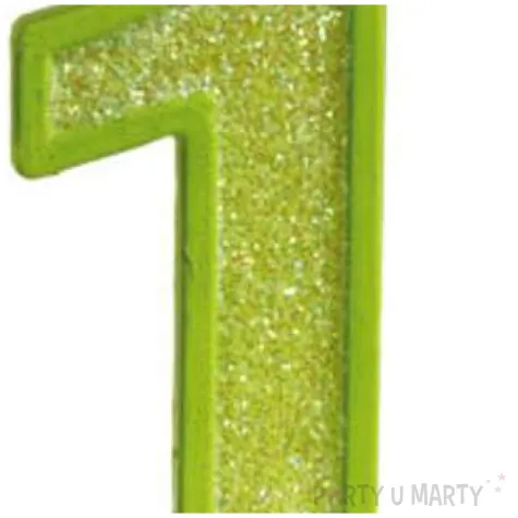 swieczka na tort cyfra 1 brokat zielona guirca 4 cm