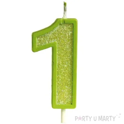 swieczka na tort cyfra 1 brokat zielona guirca 4 cm