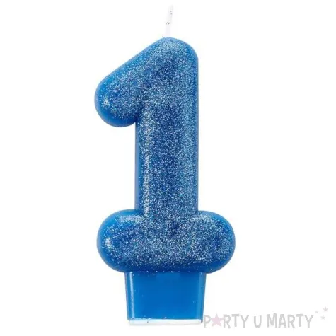 swieczka na tort cyfra 1 brokatowa niebieska amscan