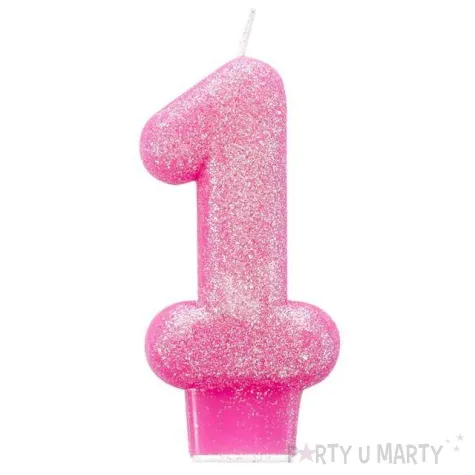 swieczka na tort cyfra 1 brokatowa rozowa amscan