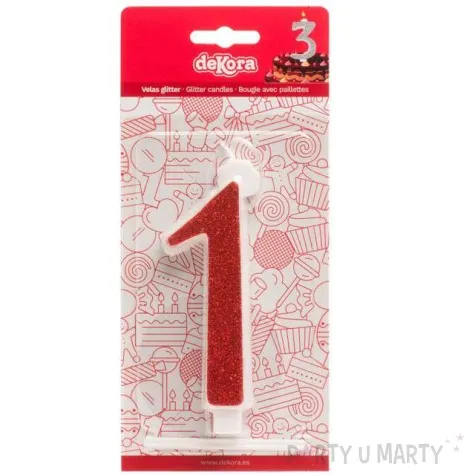swieczka na tort cyfra 1 czerwona brokatowa dekora