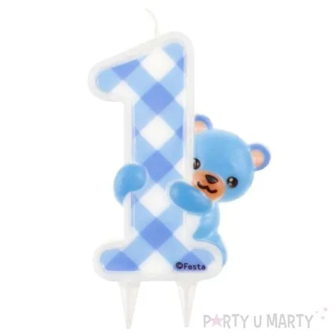 swieczka na tort cyfra 1 niebieski mis godan 12 cm
