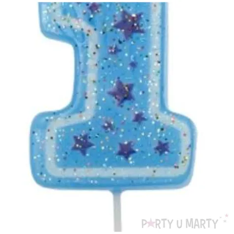 swieczka na tort cyfra 1 niebieskie gwiazdki ravi