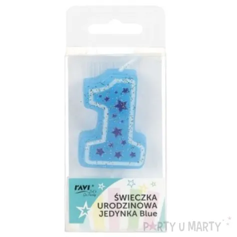 swieczka na tort cyfra 1 niebieskie gwiazdki ravi