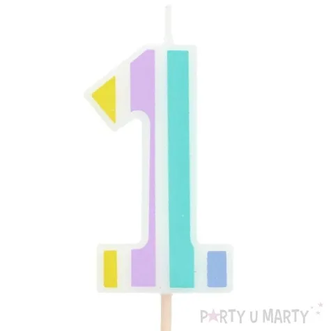 swieczka na tort cyfra 1 pastelowe paski mix folat 5 cm