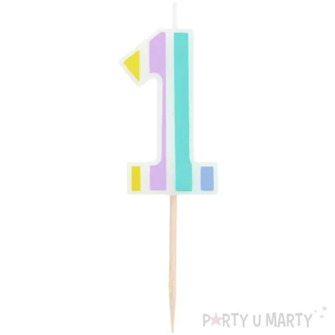 swieczka na tort cyfra 1 pastelowe paski mix folat 5 cm