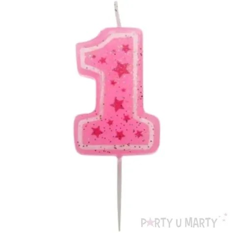 swieczka na tort cyfra 1 rozowe gwiazdki ravi
