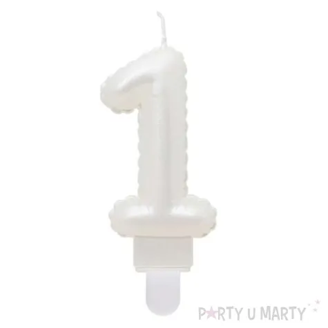swieczka na tort cyfra 1 wypustki biala perlowa godan 7 cm