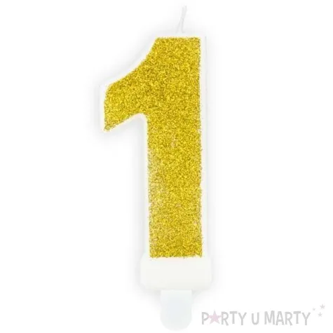 swieczka na tort cyfra 1 zlota brokatowa partydeco 7 cm