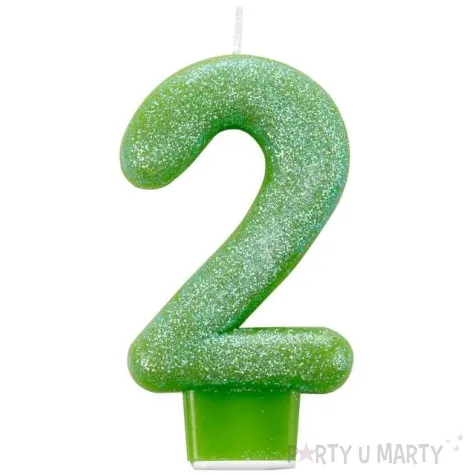 swieczka na tort cyfra 2 brokatowa zielona amscan