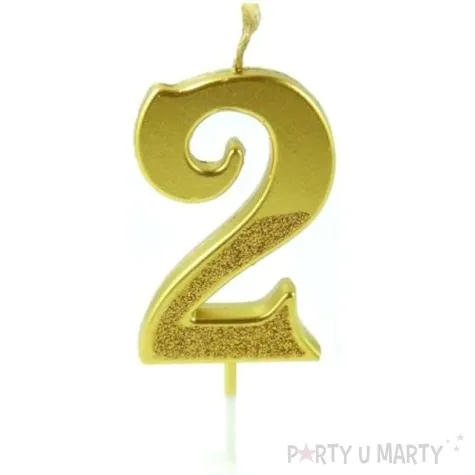 swieczka na tort cyfra 2 brokatowa zlota jix 12 cm
