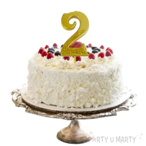 swieczka na tort cyfra 2 brokatowa zlota jix 12 cm