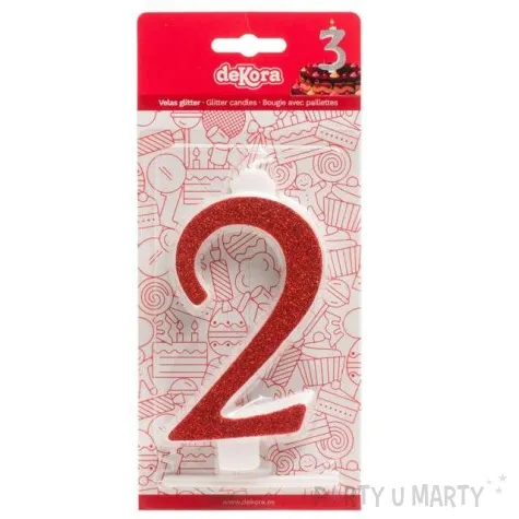 swieczka na tort cyfra 2 czerwona brokatowa dekora