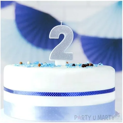 swieczka na tort cyfra 2 srebrna brokatowa partydeco 7 cm