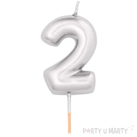 swieczka na tort cyfra 2 srebrny metalik givi 8 cm
