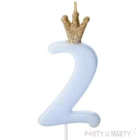 swieczka na tort cyfra 2 w koronie blekitna partydeco 9 5 cm