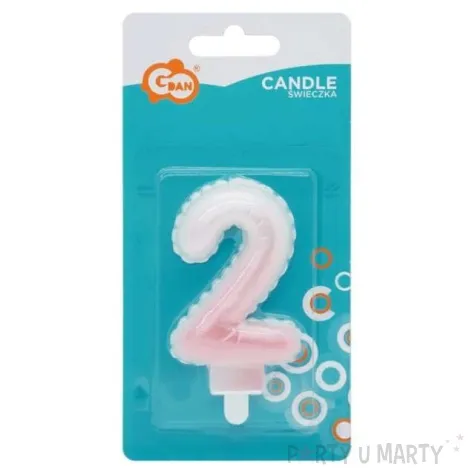 swieczka na tort cyfra 2 wypustki ombre bialo rozowa perlowa godan 7 cm