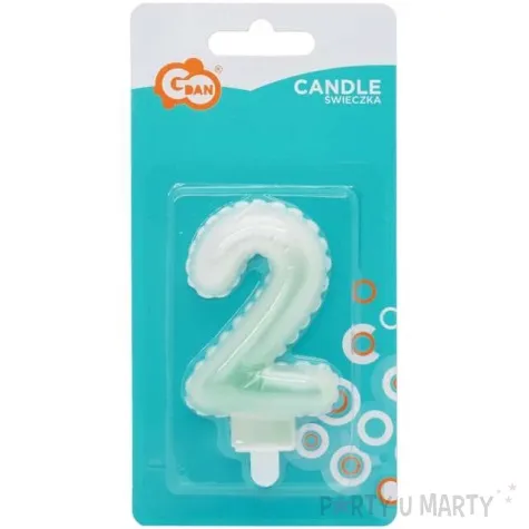 swieczka na tort cyfra 2 wypustki ombre bialo zielona perlowa godan 7 cm