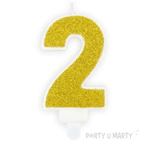 swieczka na tort cyfra 2 zlota brokatowa partydeco 7 cm