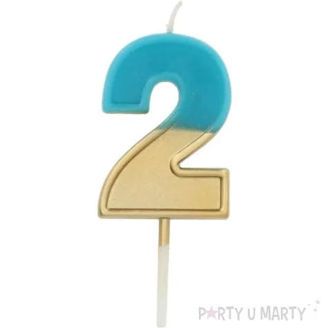 swieczka na tort cyfra 2 zloto niebieska folat 5 cm