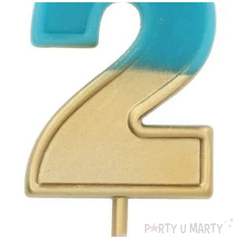 swieczka na tort cyfra 2 zloto niebieska folat 5 cm