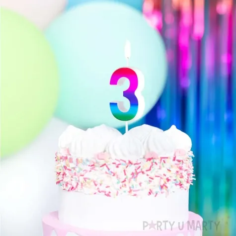 swieczka na tort cyfra 3 blyszczaca teczowy partypal 5 cm