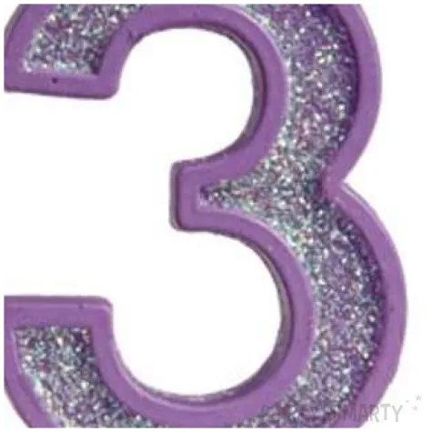 swieczka na tort cyfra 3 brokat fioletowa guirca 4 cm