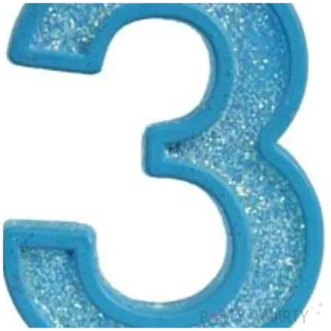 swieczka na tort cyfra 3 brokat niebieska guirca 4 cm