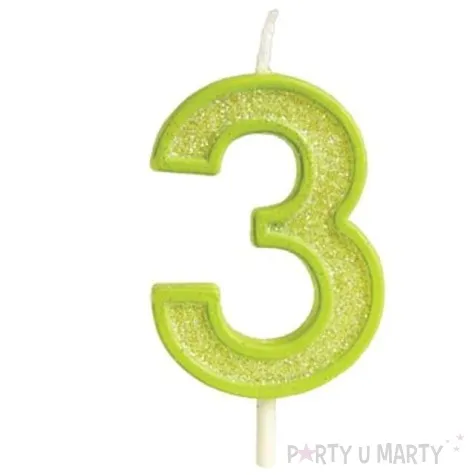 swieczka na tort cyfra 3 brokat zielona guirca 4 cm