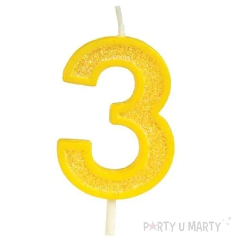 swieczka na tort cyfra 3 brokat zolta guirca 4 cm