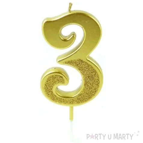 swieczka na tort cyfra 3 brokatowa zlota jix 12 cm