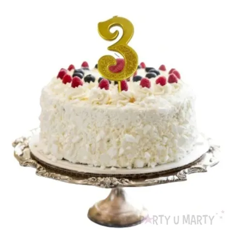 swieczka na tort cyfra 3 brokatowa zlota jix 12 cm