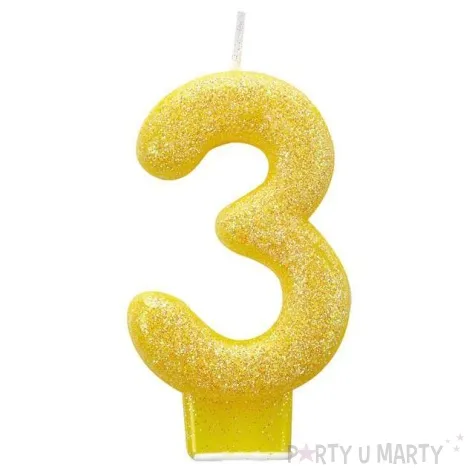swieczka na tort cyfra 3 brokatowa zolta amscan