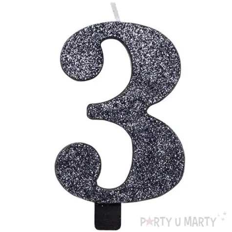 swieczka na tort cyfra 3 czarna brokatowa givi 9 5 cm