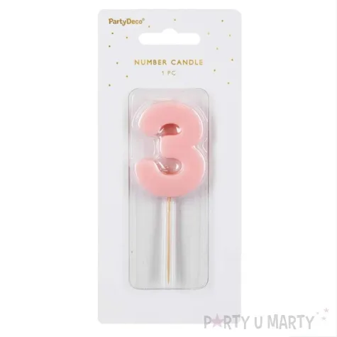 swieczka na tort cyfra 3 rozowy partydeco 10 cm