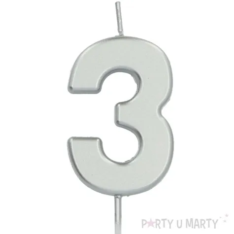 swieczka na tort cyfra 3 srebrna folat 8 cm