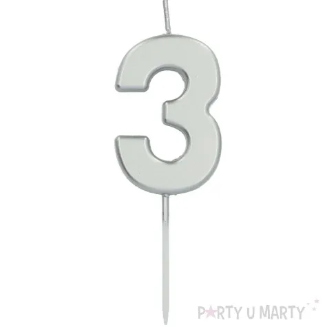 swieczka na tort cyfra 3 srebrna folat 8 cm