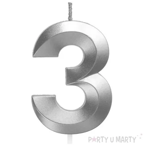 swieczka na tort cyfra 3 srebrna jix 12 cm