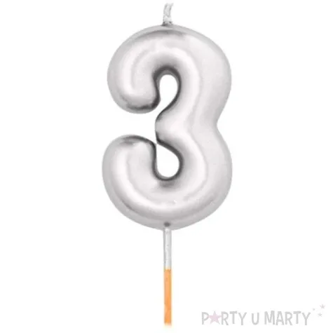 swieczka na tort cyfra 3 srebrny metalik givi 8 cm