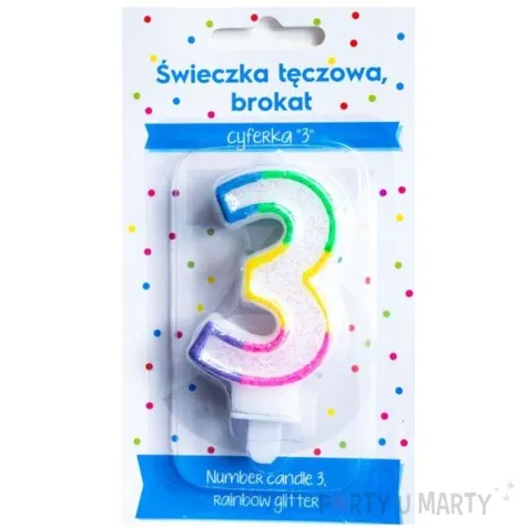 swieczka na tort cyfra 3 teczowa brokatowa kraszek 7 cm
