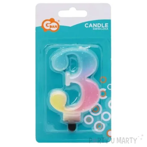 swieczka na tort cyfra 3 teczowa godan 8 cm