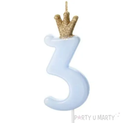swieczka na tort cyfra 3 w koronie blekitna partydeco 9 5 cm