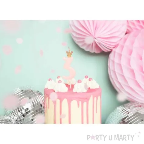 swieczka na tort cyfra 3 w koronie rozowa jasna partydeco 9 5 cm
