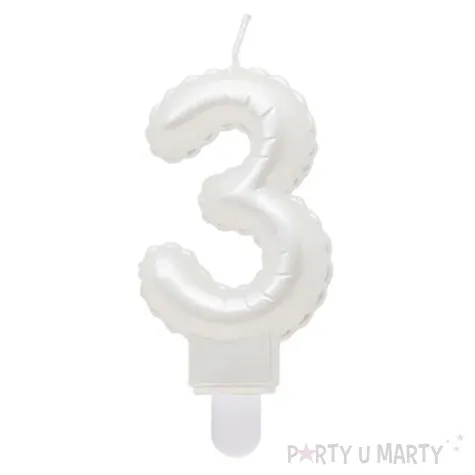swieczka na tort cyfra 3 wypustki biala perlowa godan 7 cm