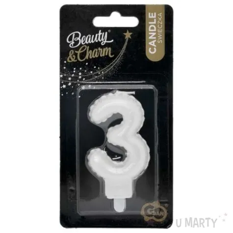 swieczka na tort cyfra 3 wypustki biala perlowa godan 7 cm