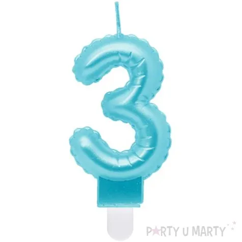 swieczka na tort cyfra 3 wypustki niebieska jasna perlowa godan 7 cm