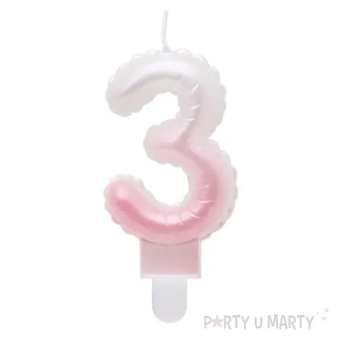 swieczka na tort cyfra 3 wypustki ombre bialo rozowa perlowa godan 7 cm