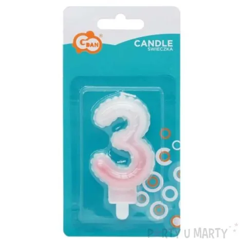 swieczka na tort cyfra 3 wypustki ombre bialo rozowa perlowa godan 7 cm