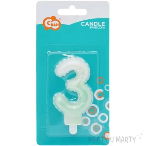 swieczka na tort cyfra 3 wypustki ombre bialo zielona perlowa godan 7 cm