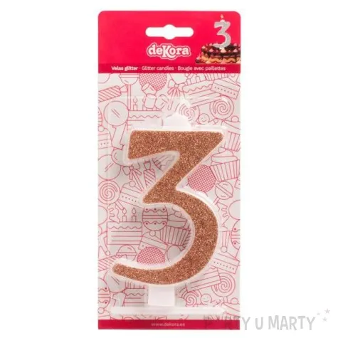 swieczka na tort cyfra 3 zlota brokatowa dekora